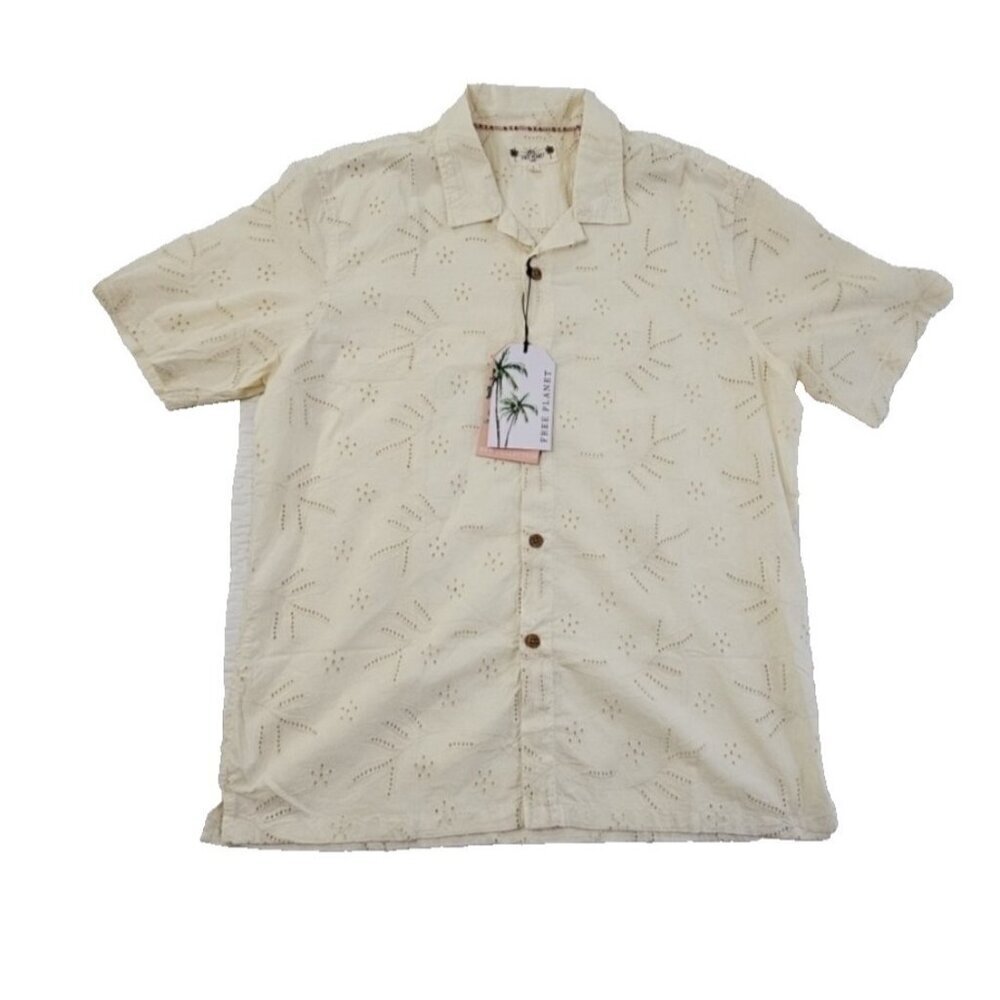 Free Planet Men's Size L Large Butter Yellow Floral Embroidery Button‎ Top NWT
